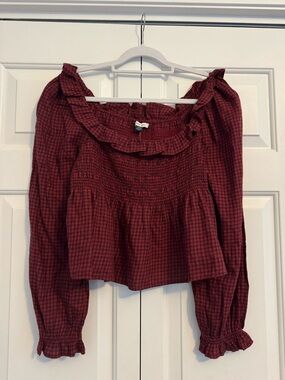 American Eagle Long Sleeve Smocked Ruffle Plaid Top
